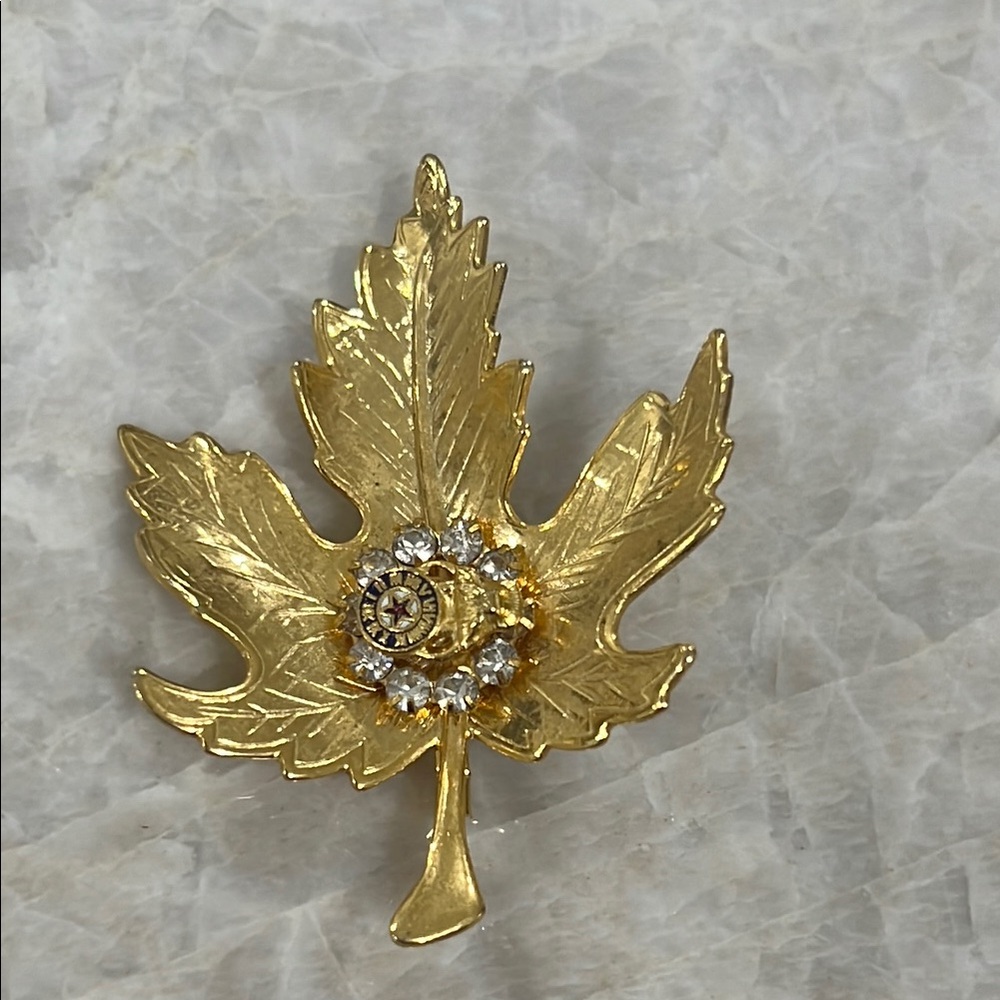 Gold Leaf Brooch with Rhinestones